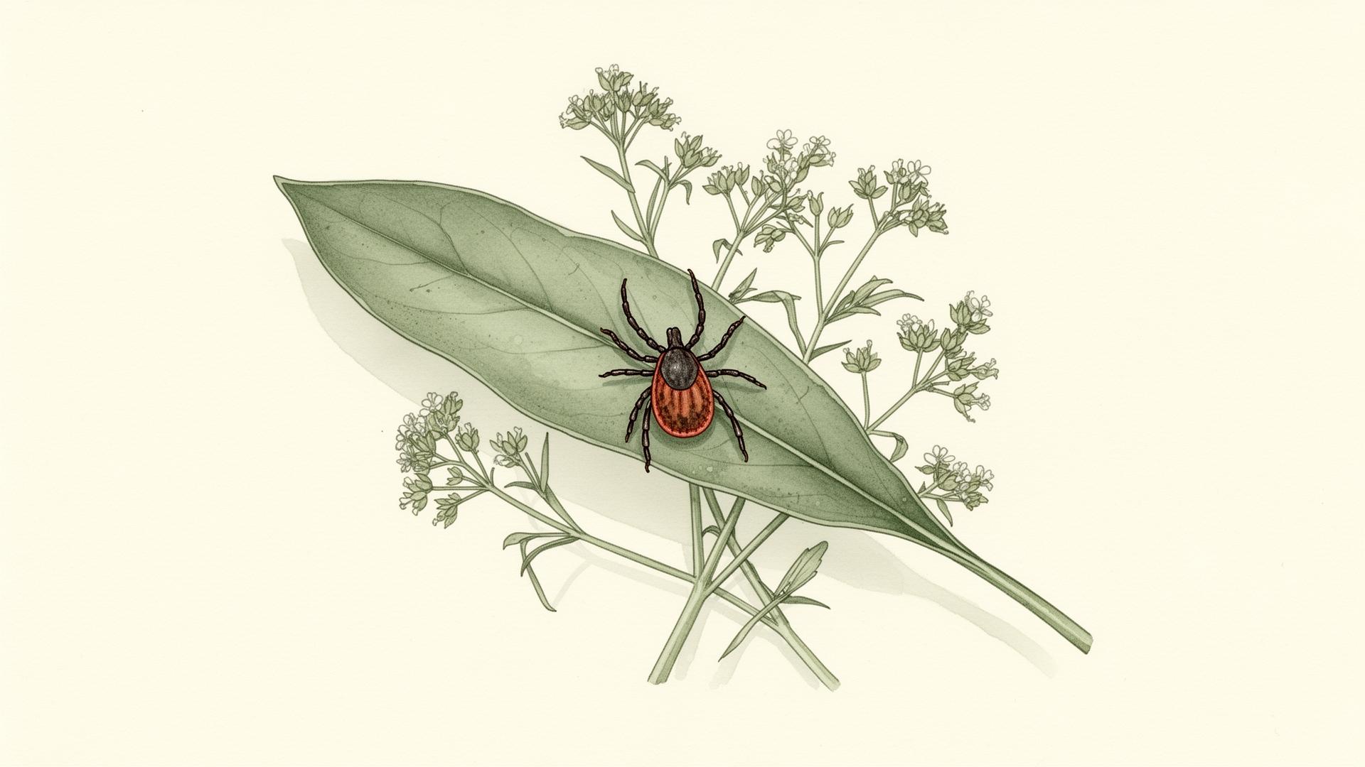 Illustration of a deer tick on a sage leaf surrounded by wild herbs